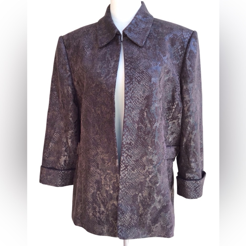 Tahari ASL Brown Snake-Print Open Front Blazer Jacket Size 16 NEW